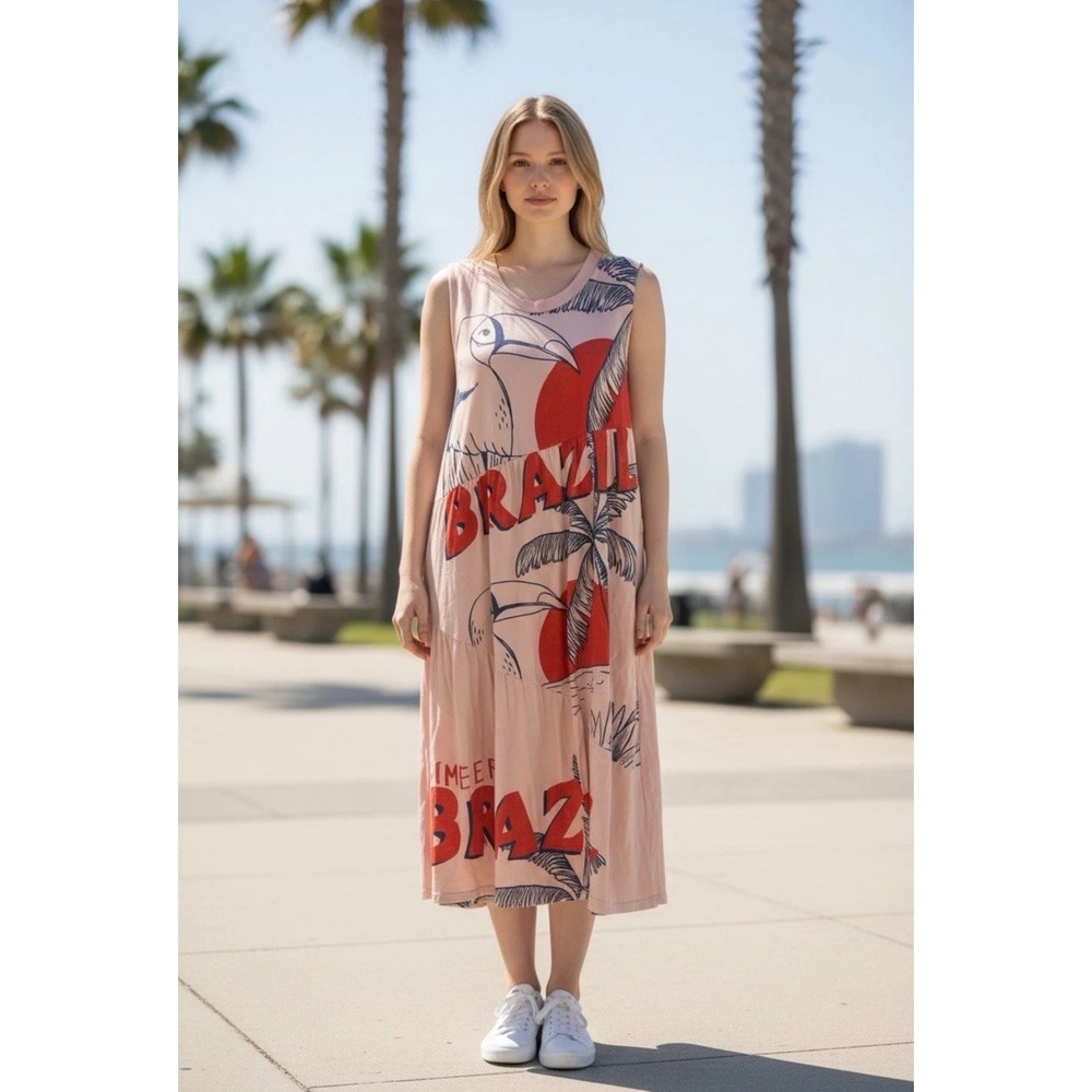 Farm Rio Womens MP Maxi Dress for Anthropologie Brazil Toucan Pink Cotton